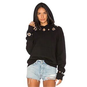 Monrow XS Oversize Sweatshirt Black Fleece Pullover Hoodie Silver Grommets NWT